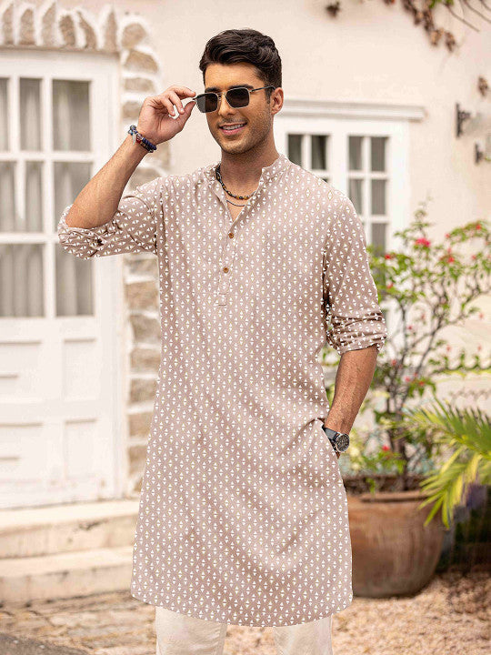 Geometric Printed Mandarin Collar Straight Cotton Kurta