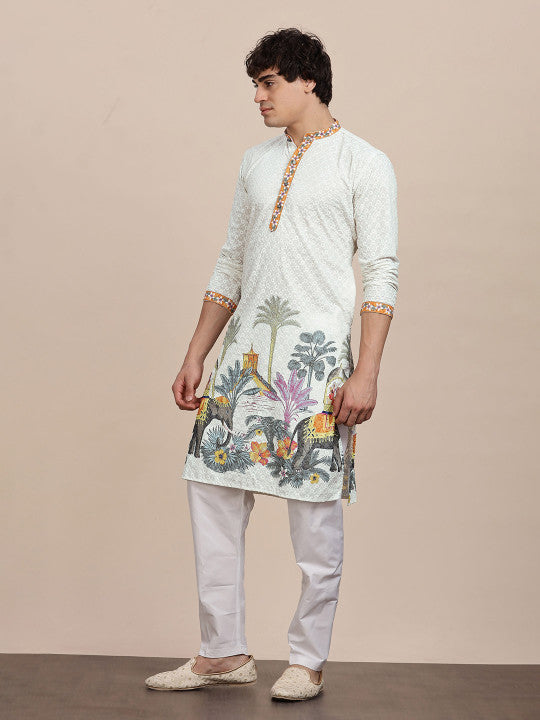 Anouk Men Ethnic Motifs Embroidered Thread Work Mandarin Collar Pure Cotton Straight Kurta