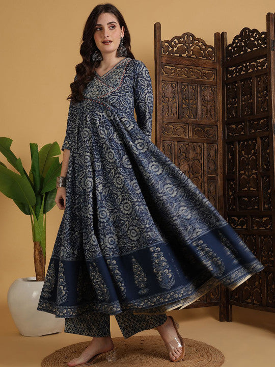 Sangria Ethnic Motifs Printed V-Neck Mirror Work Pure Cotton Kurta With Palazzo & Dupatta