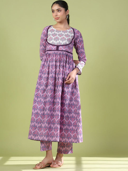 Women Floral Printed Angrakha Pure Cotton Kurta with Trousers