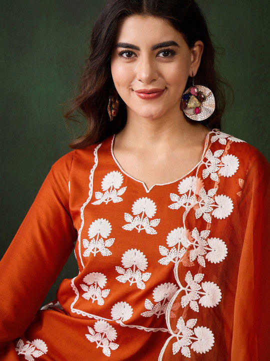 Sangria Embroidered Thread Work Notch Neck Straight Kurta & Trousers With Dupatta