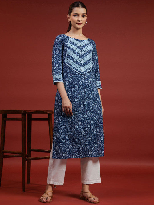 Women Geometric Printed Thread Work Floral Kurta