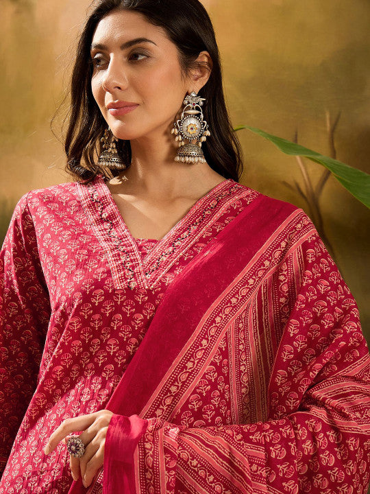 Sangria Floral Printed Pure Cotton Straight Kurta With Palazzos & Dupatta Set