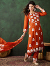 Sangria Embroidered Thread Work Notch Neck Straight Kurta & Trousers With Dupatta