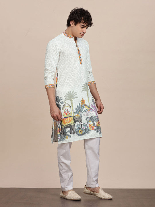 Anouk Men Ethnic Motifs Embroidered Thread Work Mandarin Collar Pure Cotton Straight Kurta