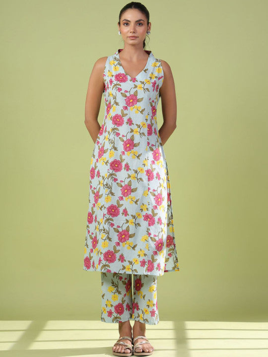 anayna Women Floral Printed Cotton Kurta with Trouser