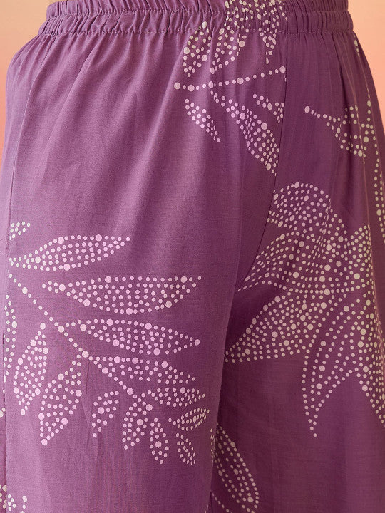 Sangria Floral Printed Beads And Stone Pure Cotton A-line Kurta With Palazzo