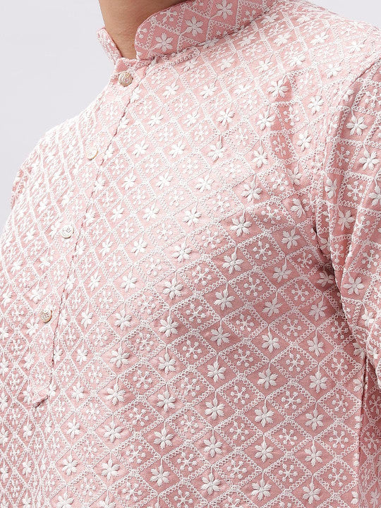 Anouk Pink Ethnic Motifs Embroidered Mandarin Collar Cotton Straight Kurta