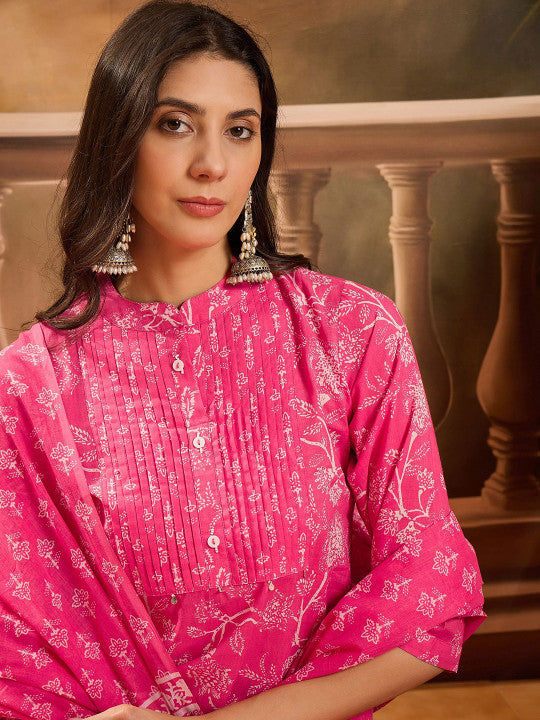 Sangria Floral Printed Mandarin Collar Pure Cotton Straight Kurta With Trouser And Dupatta