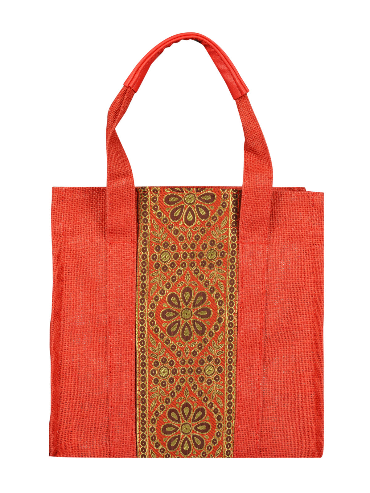 JUTE COTTAGE VERTICAL LACE ZIPPER LUNCH BAG, SUSTAINABLE, ECO-FRIENDLY, STYLISH JUTE BAG (RED 10X10X6)