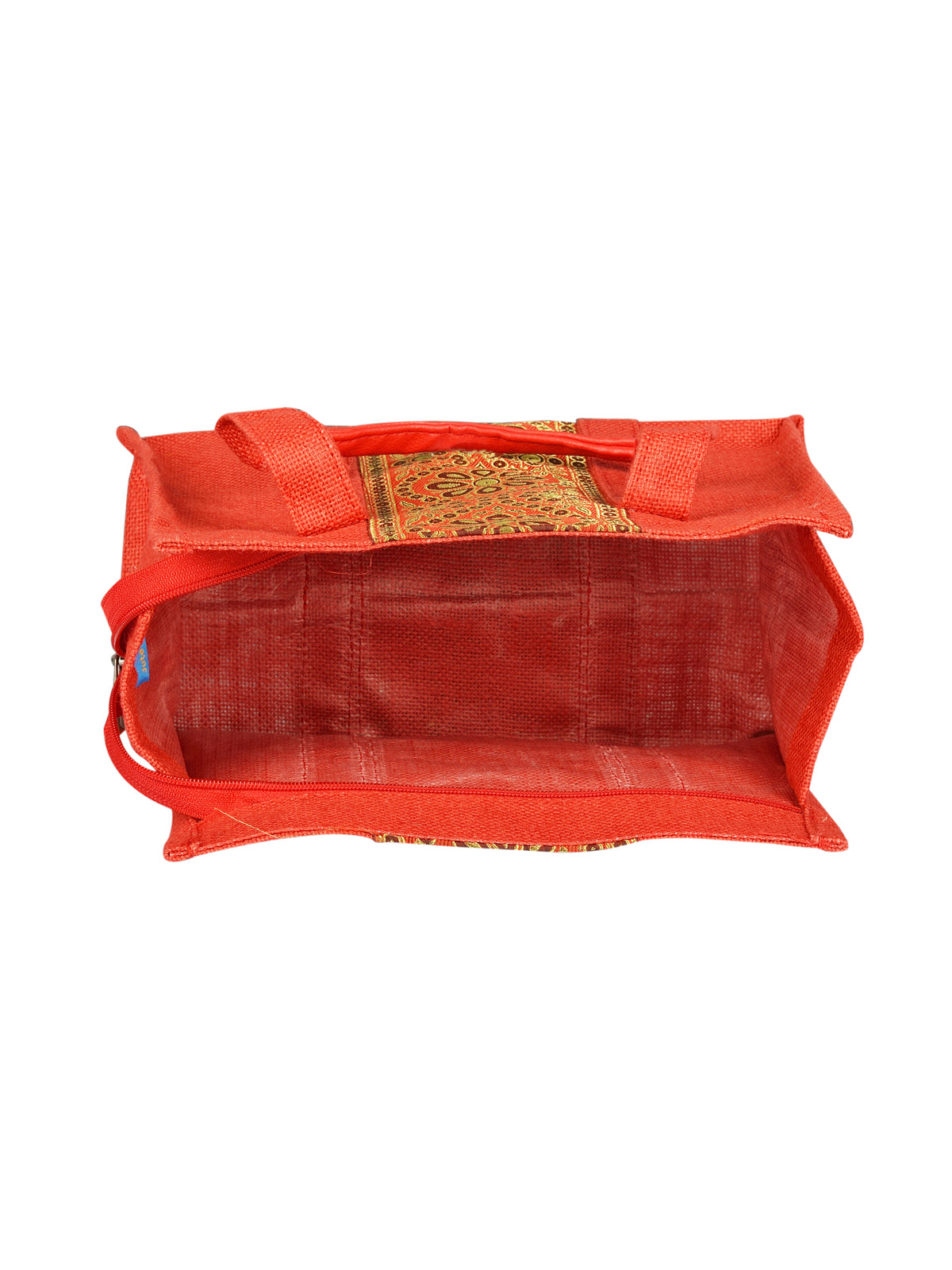 JUTE COTTAGE VERTICAL LACE ZIPPER LUNCH BAG, SUSTAINABLE, ECO-FRIENDLY, STYLISH JUTE BAG (RED 10X10X6)
