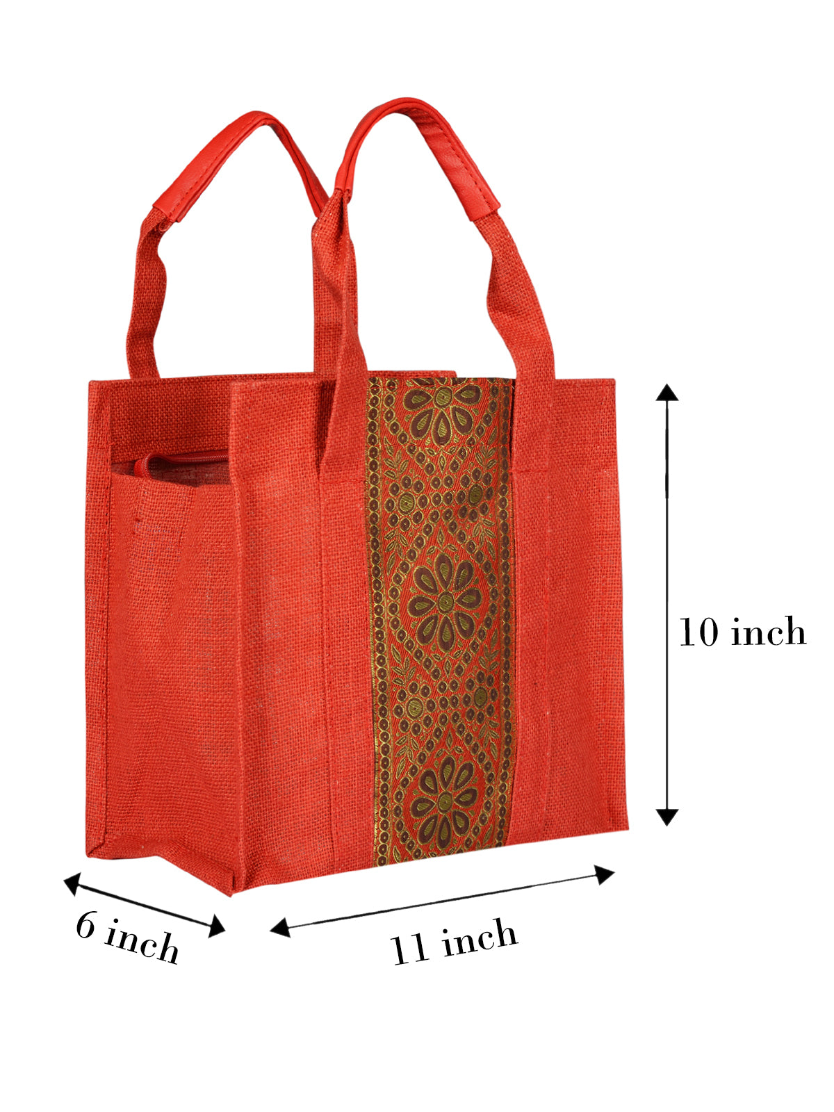 JUTE COTTAGE VERTICAL LACE ZIPPER LUNCH BAG, SUSTAINABLE, ECO-FRIENDLY, STYLISH JUTE BAG (RED 10X10X6)