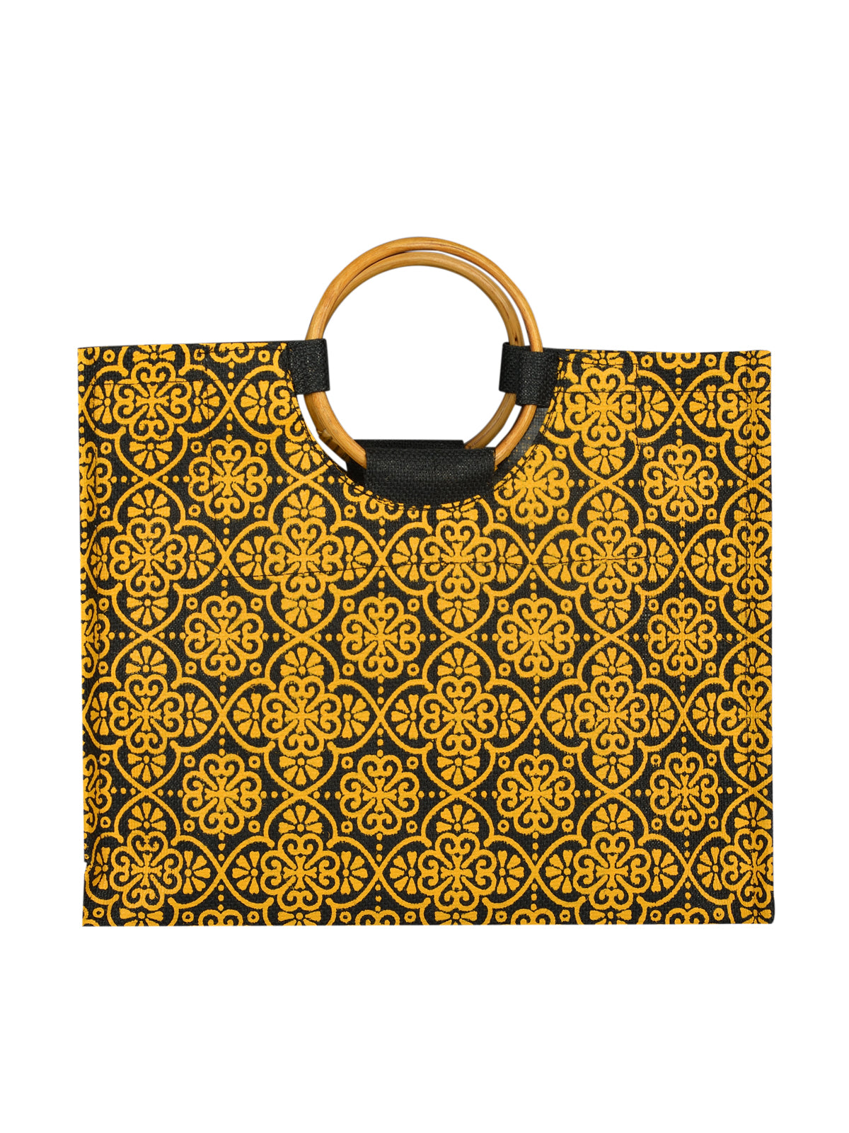 JUTE COTTAGE MUGHAL PRINT LUNCH BAG,  CANE HANDLE, SUSTAINABLE, ECO-FRIENDLY, 100% GENUINE, STYLISH JUTE BAG (BLACK 11X14X8)