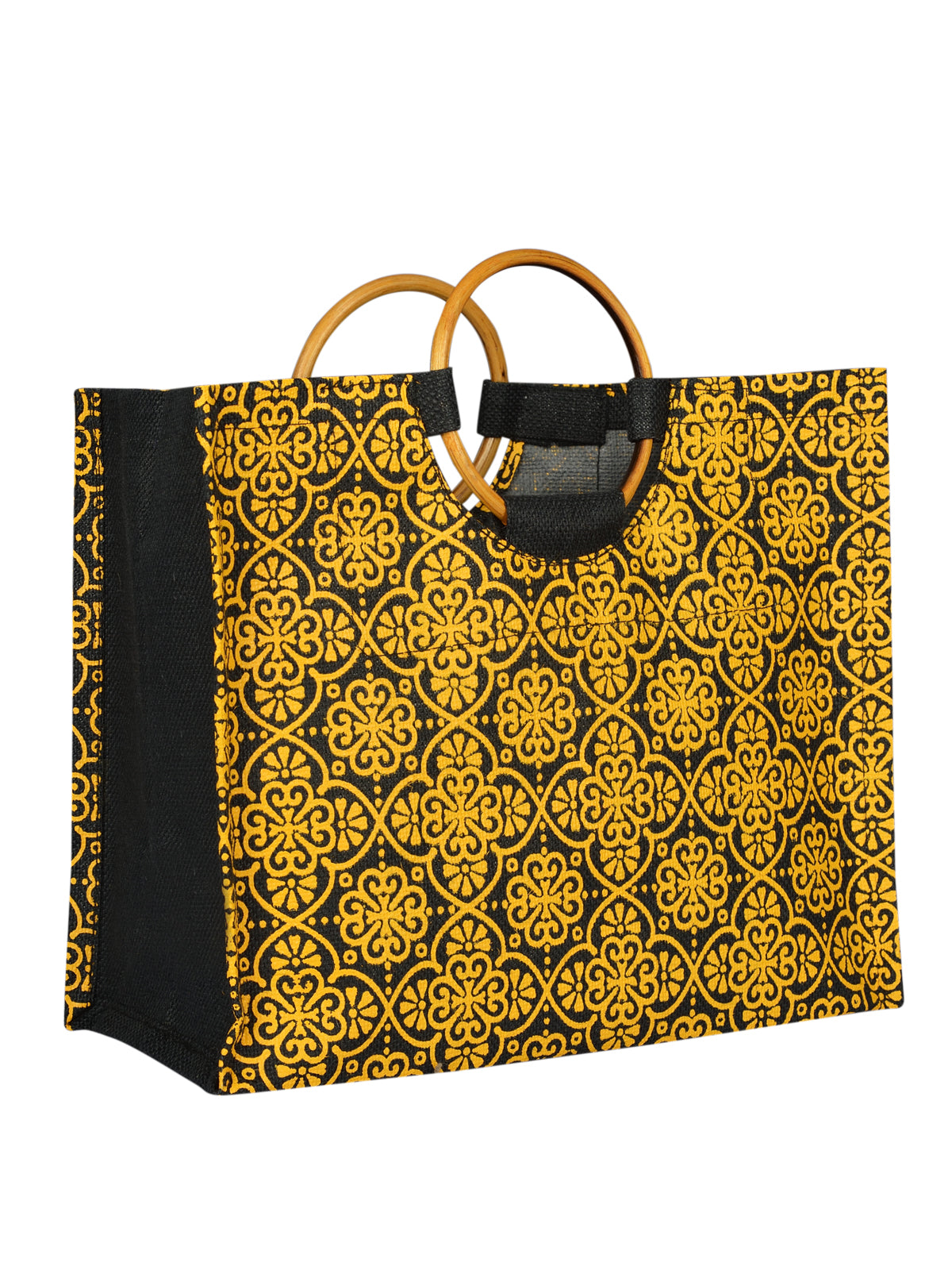 JUTE COTTAGE MUGHAL PRINT LUNCH BAG,  CANE HANDLE, SUSTAINABLE, ECO-FRIENDLY, 100% GENUINE, STYLISH JUTE BAG (BLACK 11X14X8)