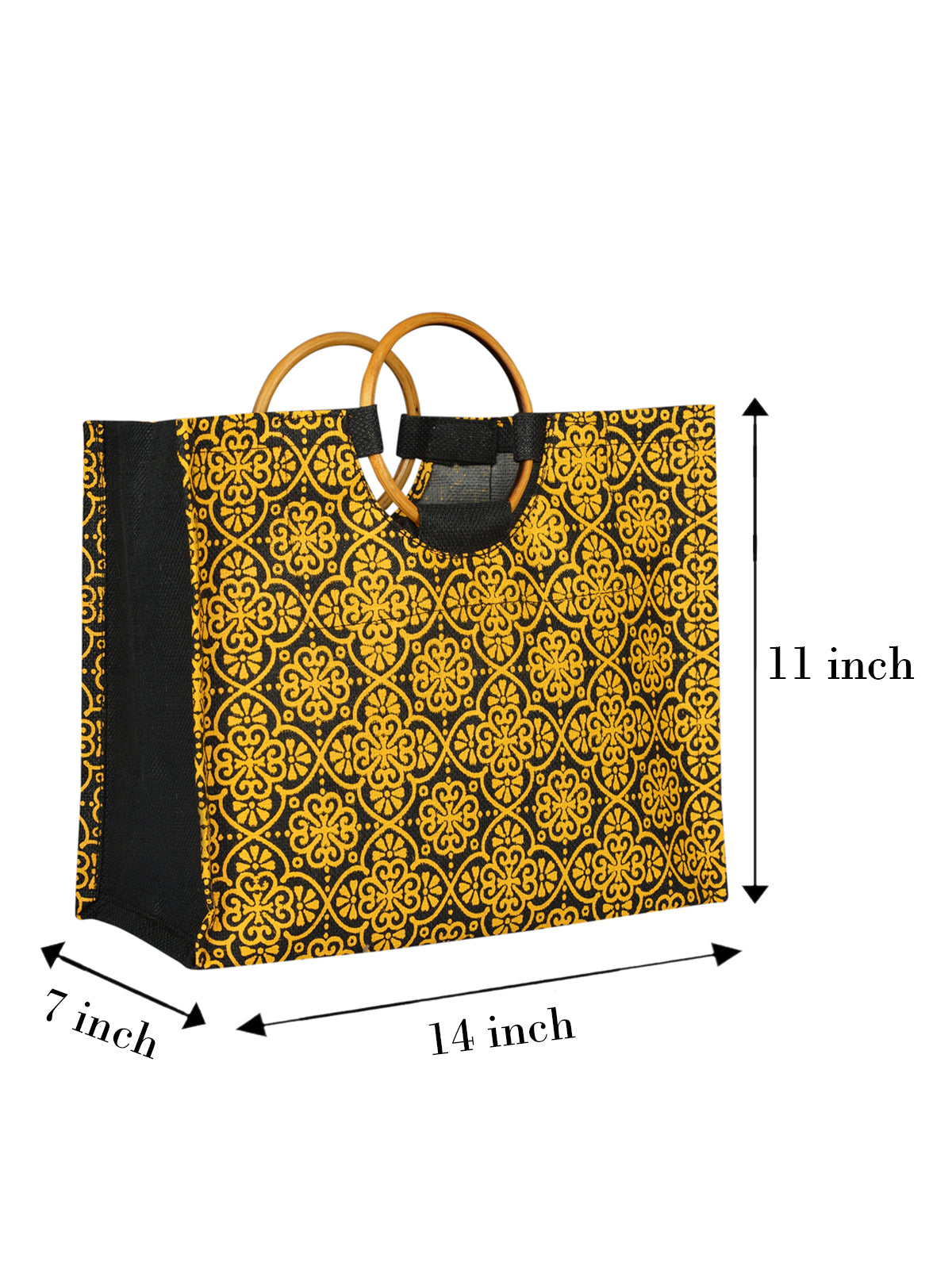 JUTE COTTAGE MUGHAL PRINT LUNCH BAG,  CANE HANDLE, SUSTAINABLE, ECO-FRIENDLY, 100% GENUINE, STYLISH JUTE BAG (BLACK 11X14X8)
