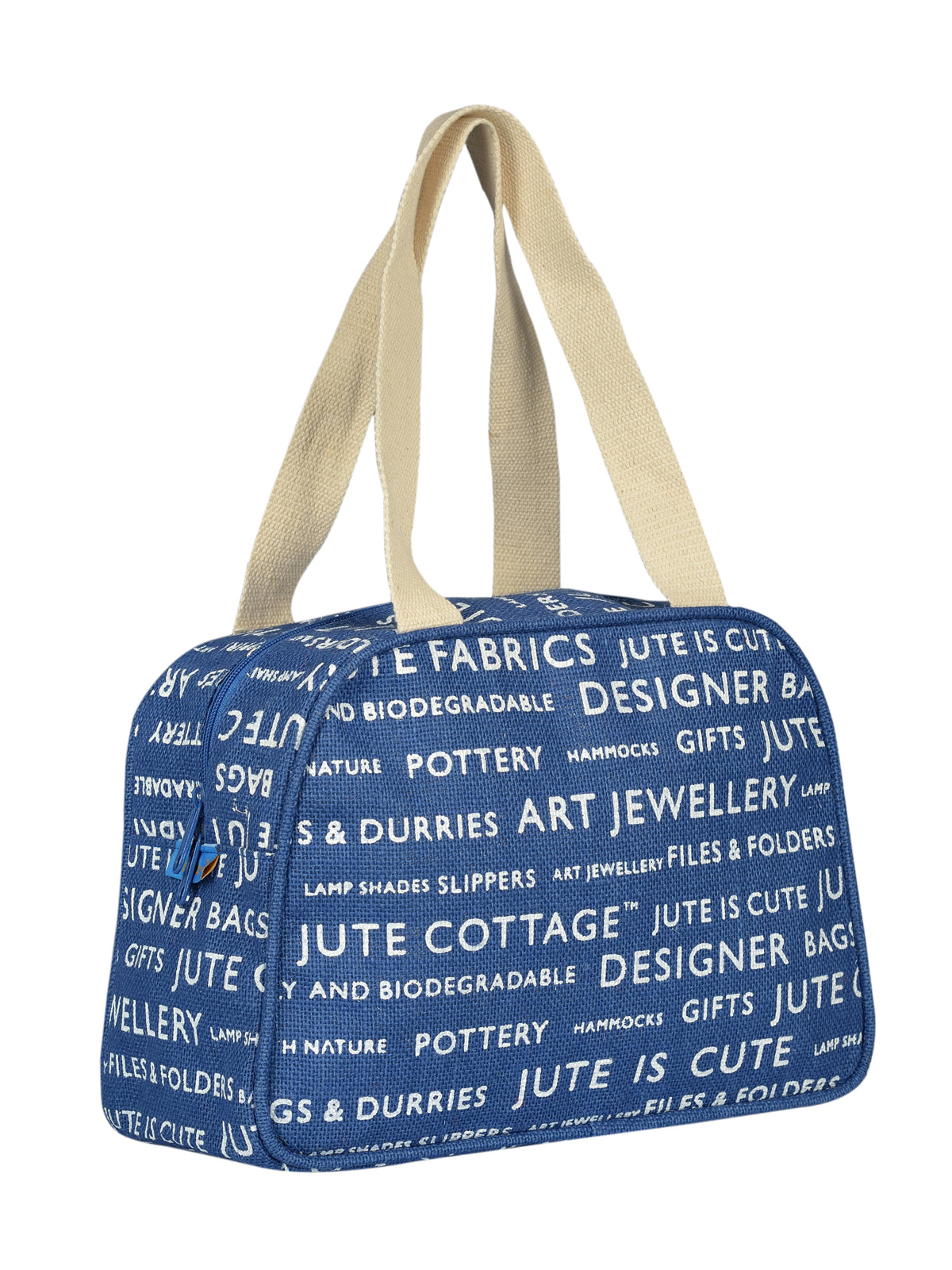 TAPE HANDLE LUNCH ZIPPER (JUTE COTTAGE PRINTED) - (B-035-BLUE)
