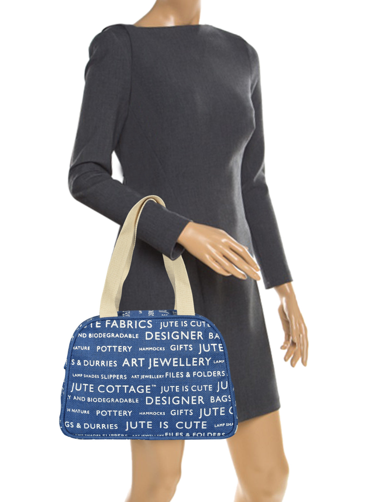 TAPE HANDLE LUNCH ZIPPER (JUTE COTTAGE PRINTED) - (B-035-BLUE)