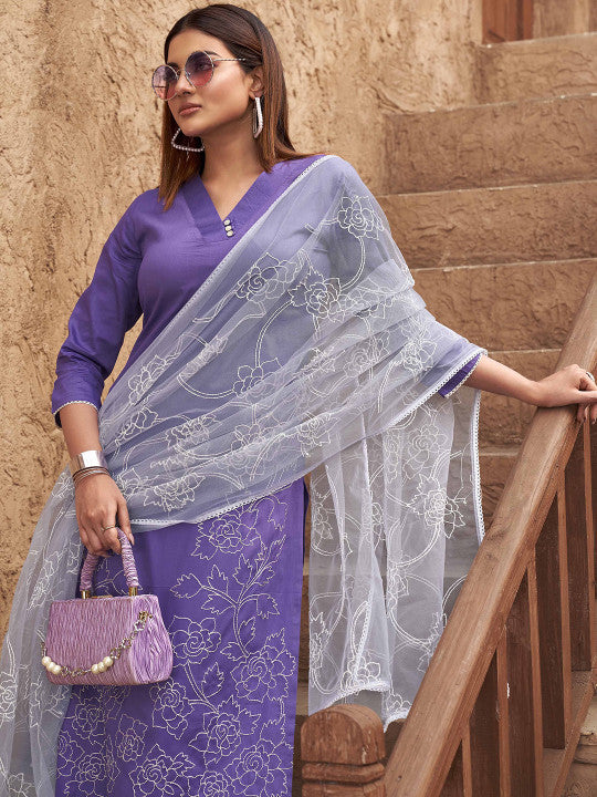 Tikhi Imli Lavender Floral Embroidered Thread Work Kurta With Trousers & Dupatta