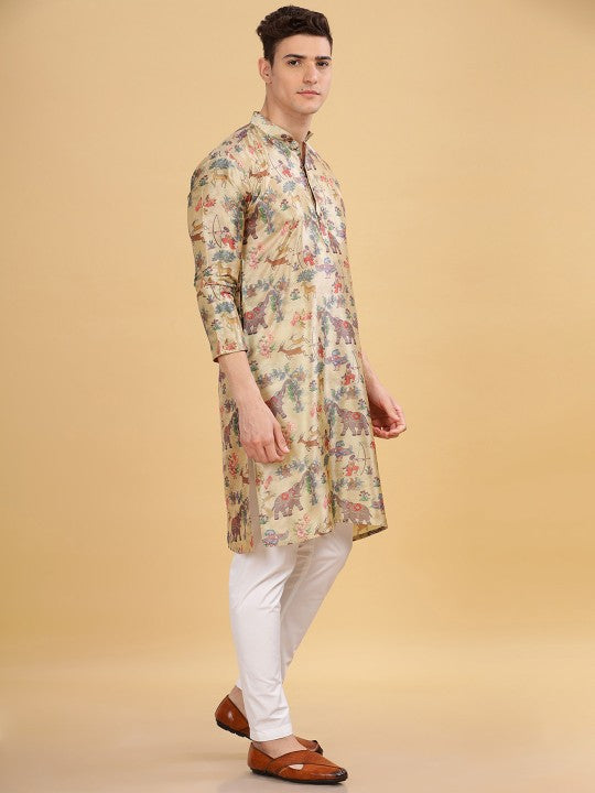 Anouk Cream-Coloured Animal Floral Printed Mandarin Collar Straight Kurta