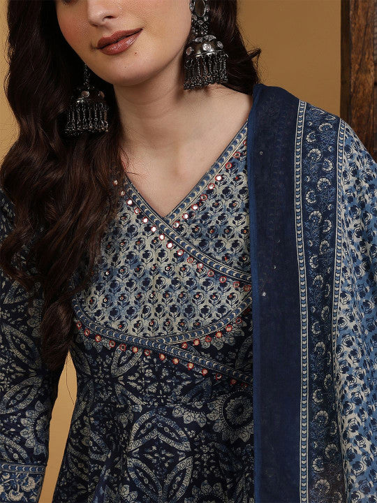 Sangria Ethnic Motifs Printed V-Neck Mirror Work Pure Cotton Kurta With Palazzo & Dupatta