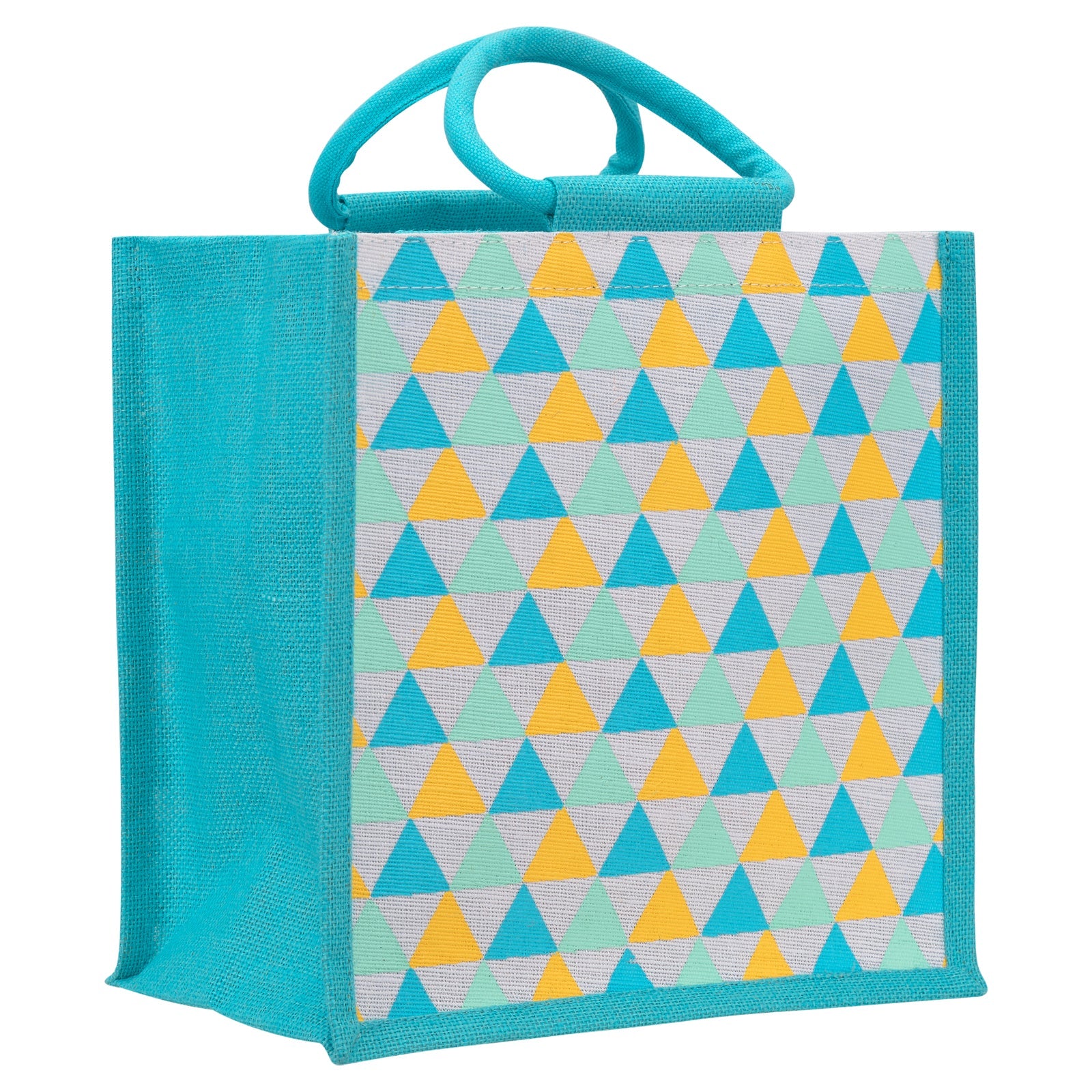 JUTE COTTAGE TRIANGLE PRINT ZIPPER LUNCH BAG, SUSTAINABLE, ECO-FRIENDLY, 100% GENUINE, STYLISH JUTE BAG (TURQUOISE BLUE 12X12X7.5)