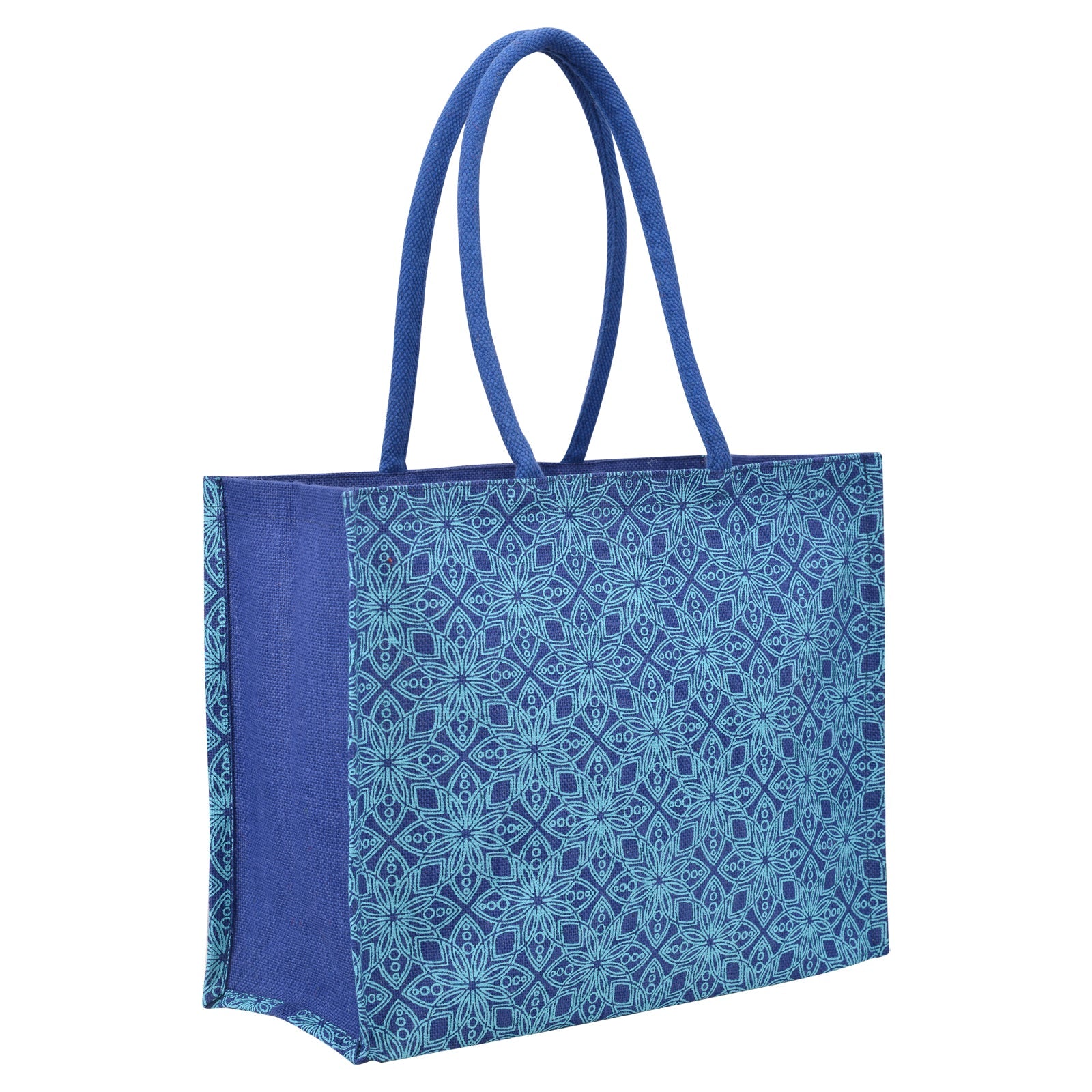 JUTE COTTAGE FLORAL MOTIF SHOPPING ZIPPER, SUSTAINABLE, ECO-FRIENDLY, 100% GENUINE JUTE, STYLISH (BRIGHT BLUE 13X17X7)