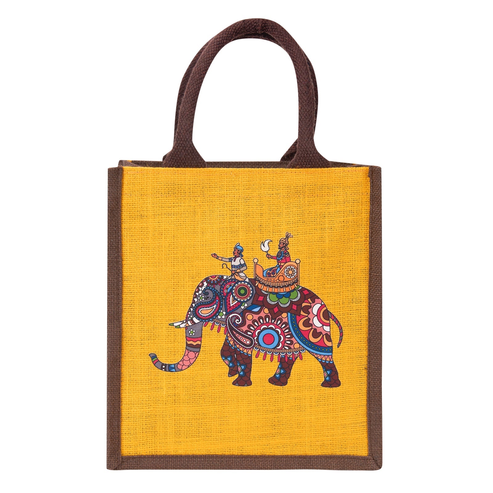 JUTE COTTAGE AMBARI ELEPHANT PRINT ZIPPER LUNCH BAG, SUSTAINABLE, ECO-FRIENDLY, 100% GENUINE, STYLISH JUTE BAG (YELLOW/BROWN 11X10X7)