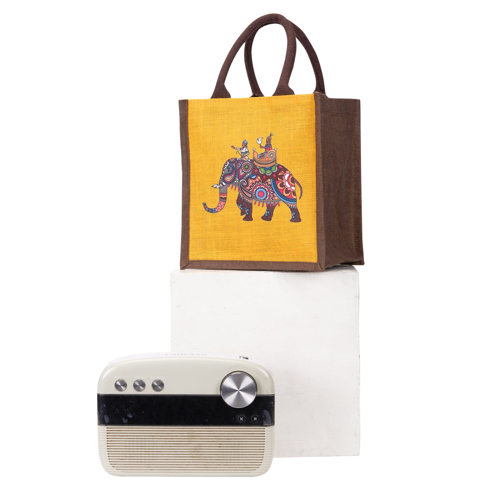 JUTE COTTAGE AMBARI ELEPHANT PRINT ZIPPER LUNCH BAG, SUSTAINABLE, ECO-FRIENDLY, 100% GENUINE, STYLISH JUTE BAG (YELLOW/BROWN 11X10X7)