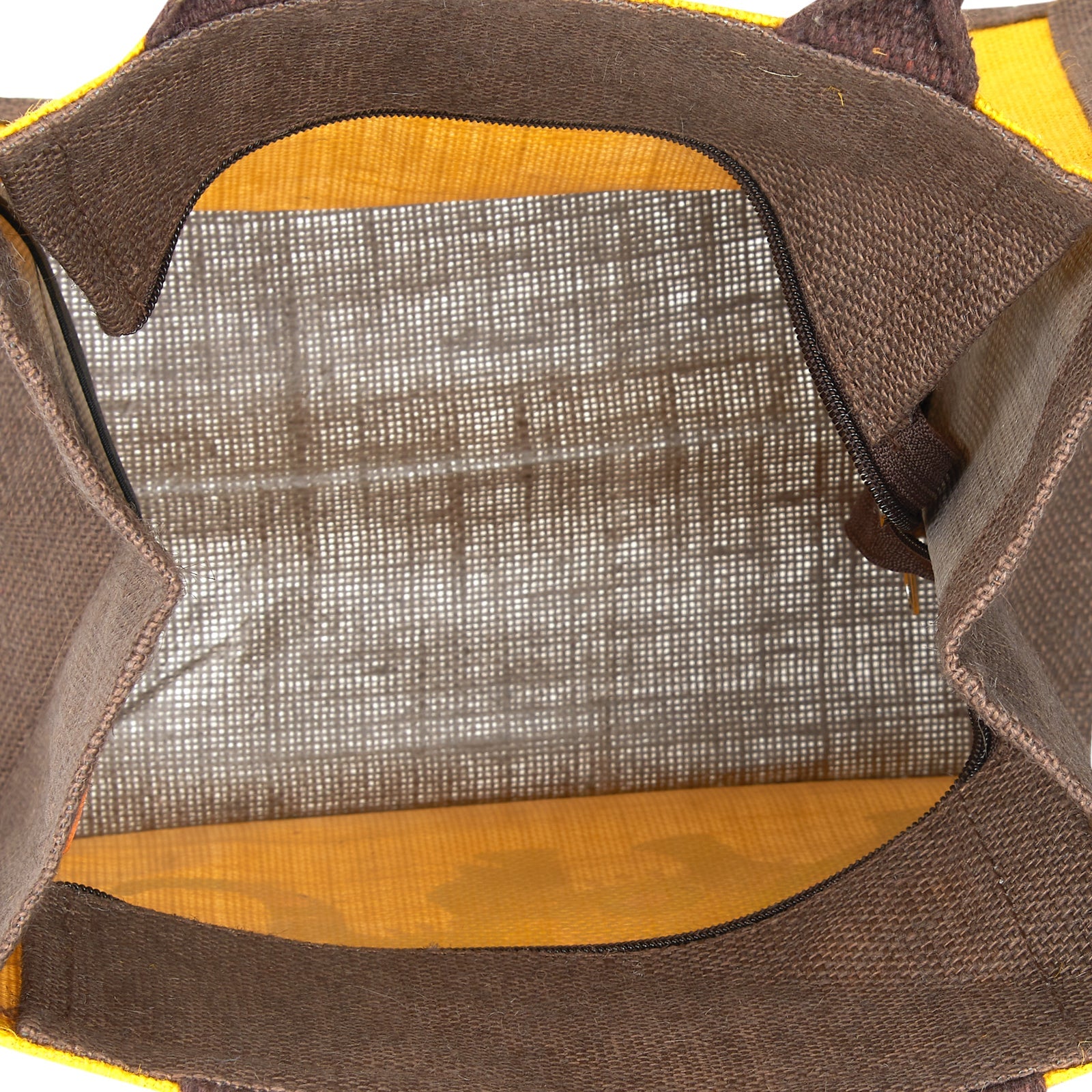 JUTE COTTAGE AMBARI ELEPHANT PRINT ZIPPER LUNCH BAG, SUSTAINABLE, ECO-FRIENDLY, 100% GENUINE, STYLISH JUTE BAG (YELLOW/BROWN 11X10X7)