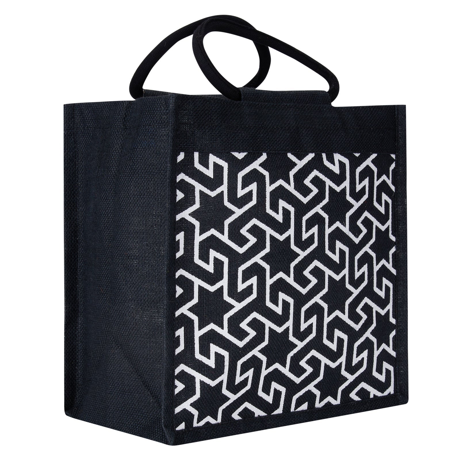 JUTE COTTAGE GEOMETRIC MOTIF PRINT LUNCH ZIPPER, SUSTAINABLE, ECO-FRIENDLY, 100% GENUINE JUTE, STYLISH (BLACK/WHITE 12X12X7)