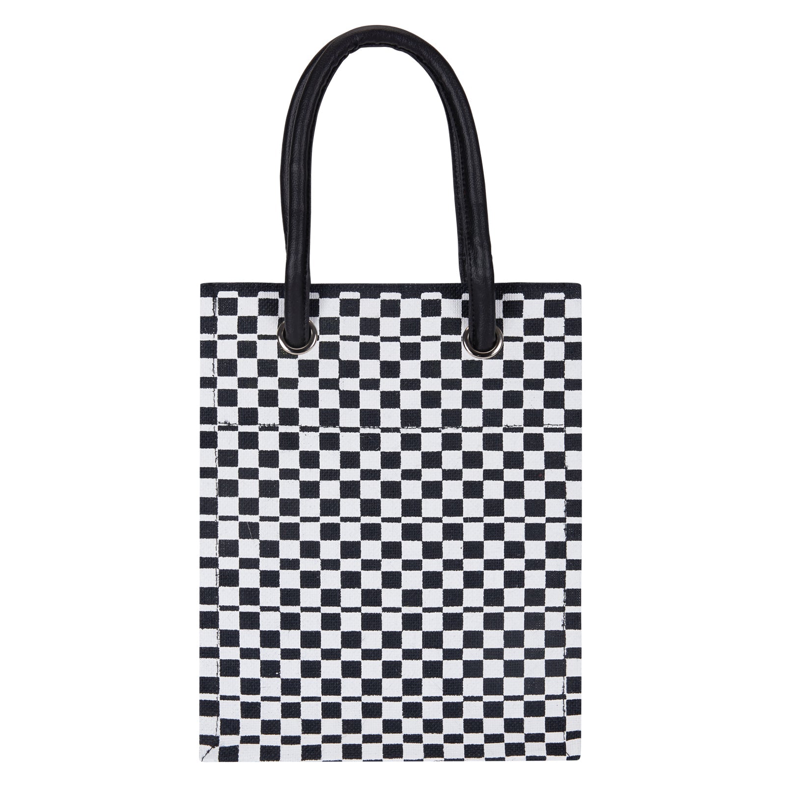 JUTE COTTAGE CHECK PRINT BIG EYELET LUNCH BAG WITH BOTTOM BOARD, SUSTAINABLE, ECO-FRIENDLY, 100% GENUINE JUTE, STYLISH (BLACK/WHITE 13X10X8)