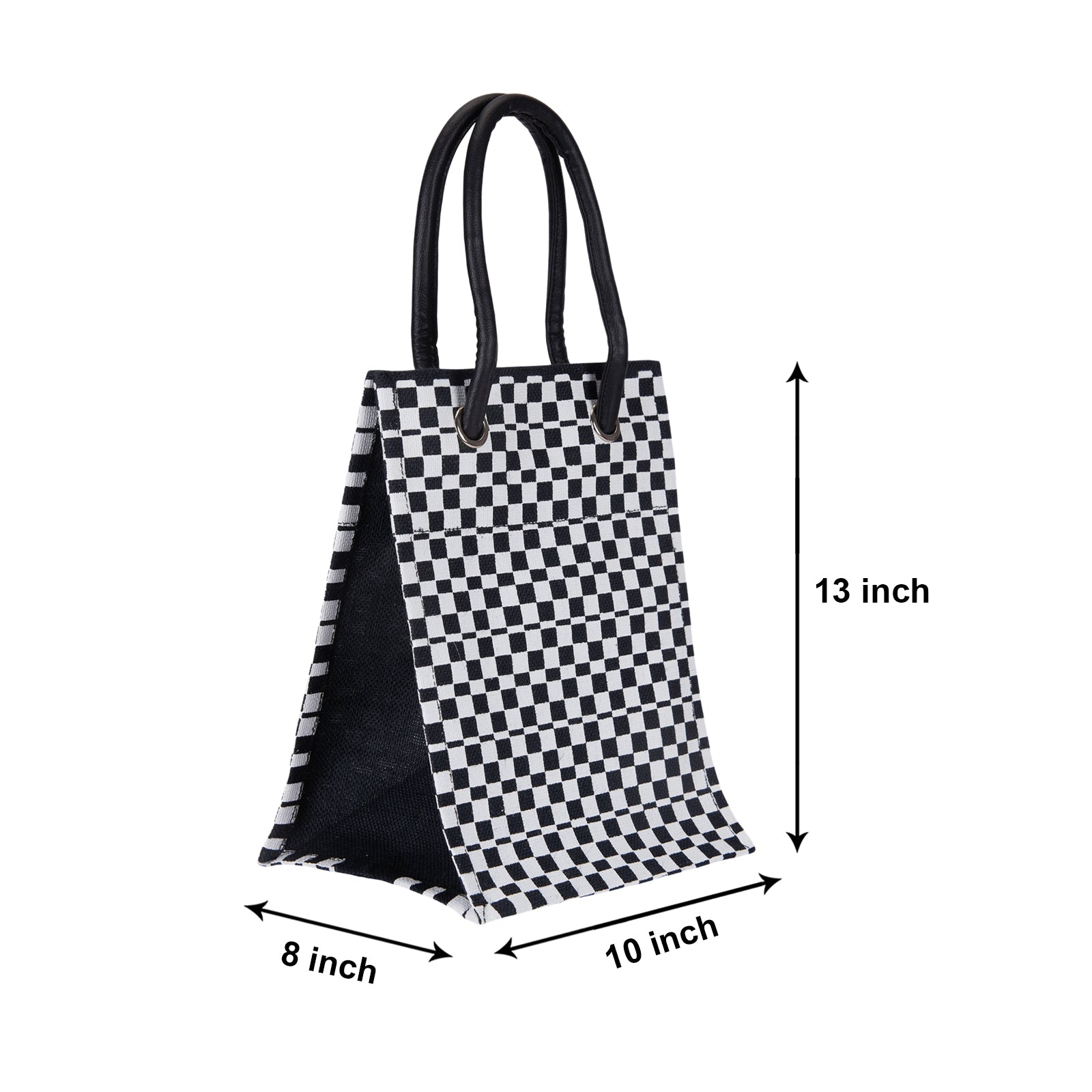 JUTE COTTAGE CHECK PRINT BIG EYELET LUNCH BAG WITH BOTTOM BOARD, SUSTAINABLE, ECO-FRIENDLY, 100% GENUINE JUTE, STYLISH (BLACK/WHITE 13X10X8)