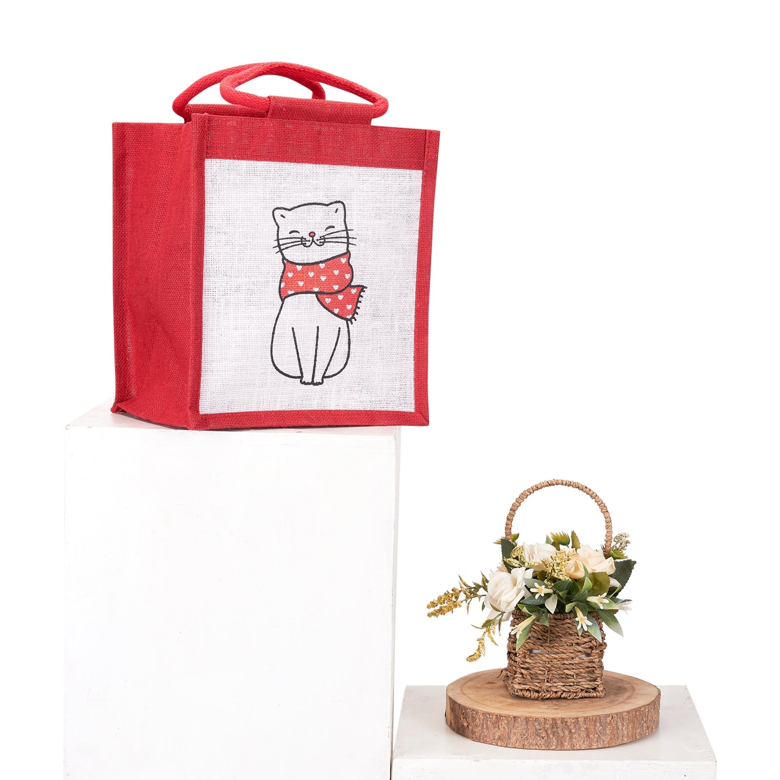 JUTE COTTAGE CAT PRINT ZIPPER LUNCH BAG, SUSTAINABLE, ECO-FRIENDLY, 100% GENUINE JUTE, STYLISH (RED 11X10X7)