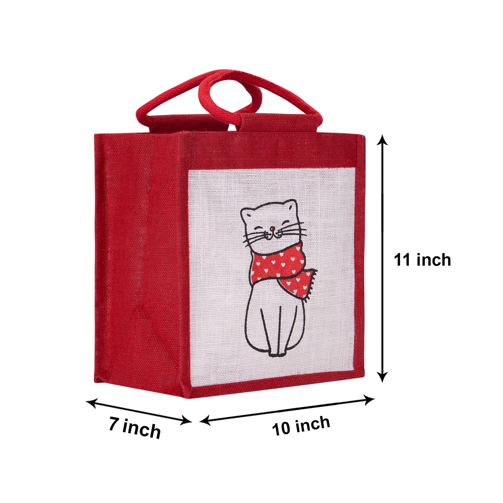 JUTE COTTAGE CAT PRINT ZIPPER LUNCH BAG, SUSTAINABLE, ECO-FRIENDLY, 100% GENUINE JUTE, STYLISH (RED 11X10X7)