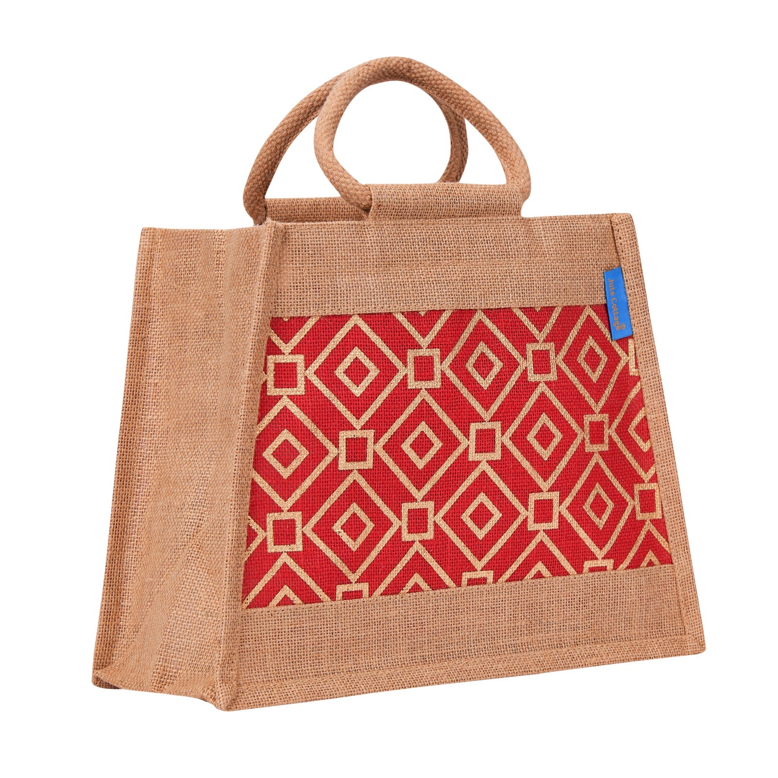 JUTE COTTAGE TAPER ZIPPER LUNCH BAG, SUSTAINABLE, ECO-FRIENDLY, 100% GENUINE JUTE, STYLISH (RED 10X13X6)