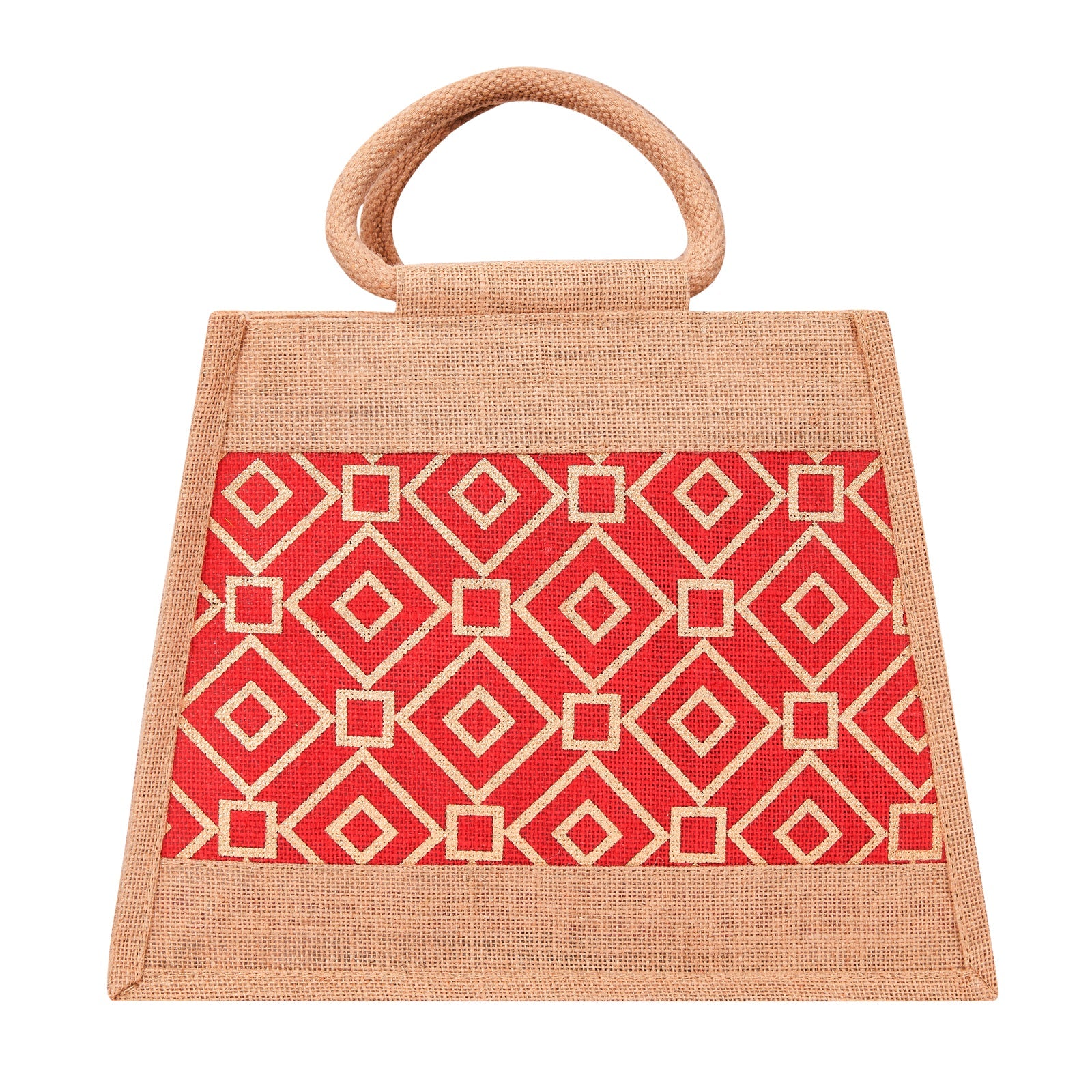 JUTE COTTAGE TAPER ZIPPER LUNCH BAG, SUSTAINABLE, ECO-FRIENDLY, 100% GENUINE JUTE, STYLISH (RED 10X13X6)