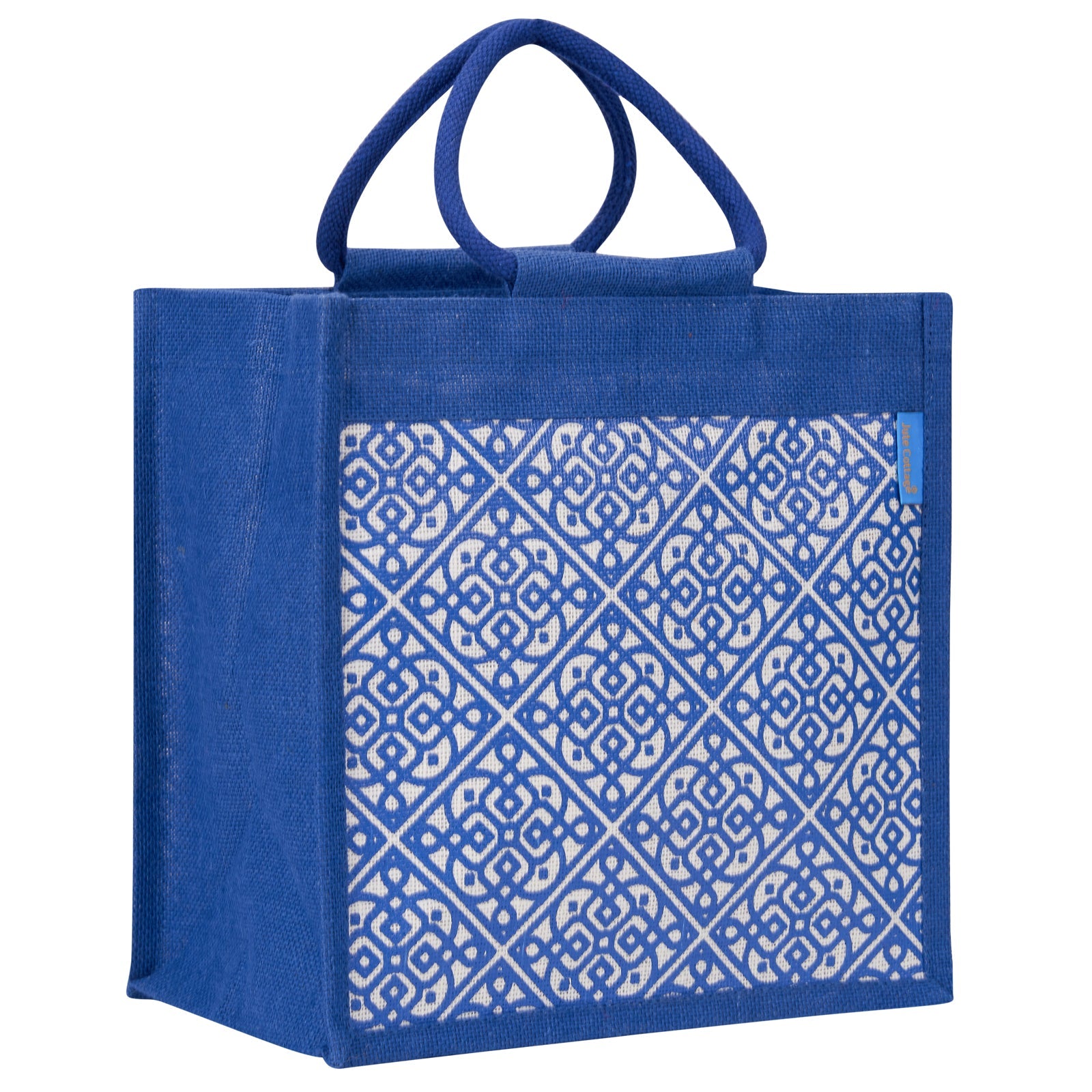 JUTE COTTAGE MOROCCAN PRINT ZIPPER LUNCH BAG, SUSTAINABLE, ECO-FRIENDLY, 100% GENUINE JUTE, STYLISH (BRIGHT BLUE 12X12X7)