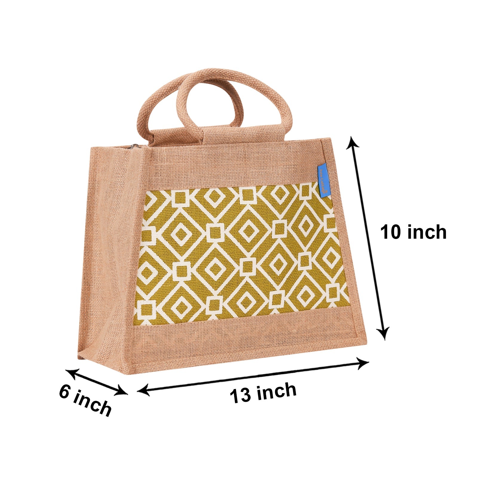 JUTE COTTAGE TAPER ZIPPER LUNCH BAG, SUSTAINABLE, ECO-FRIENDLY, 100% GENUINE JUTE, STYLISH (GREEN 10X13X6)