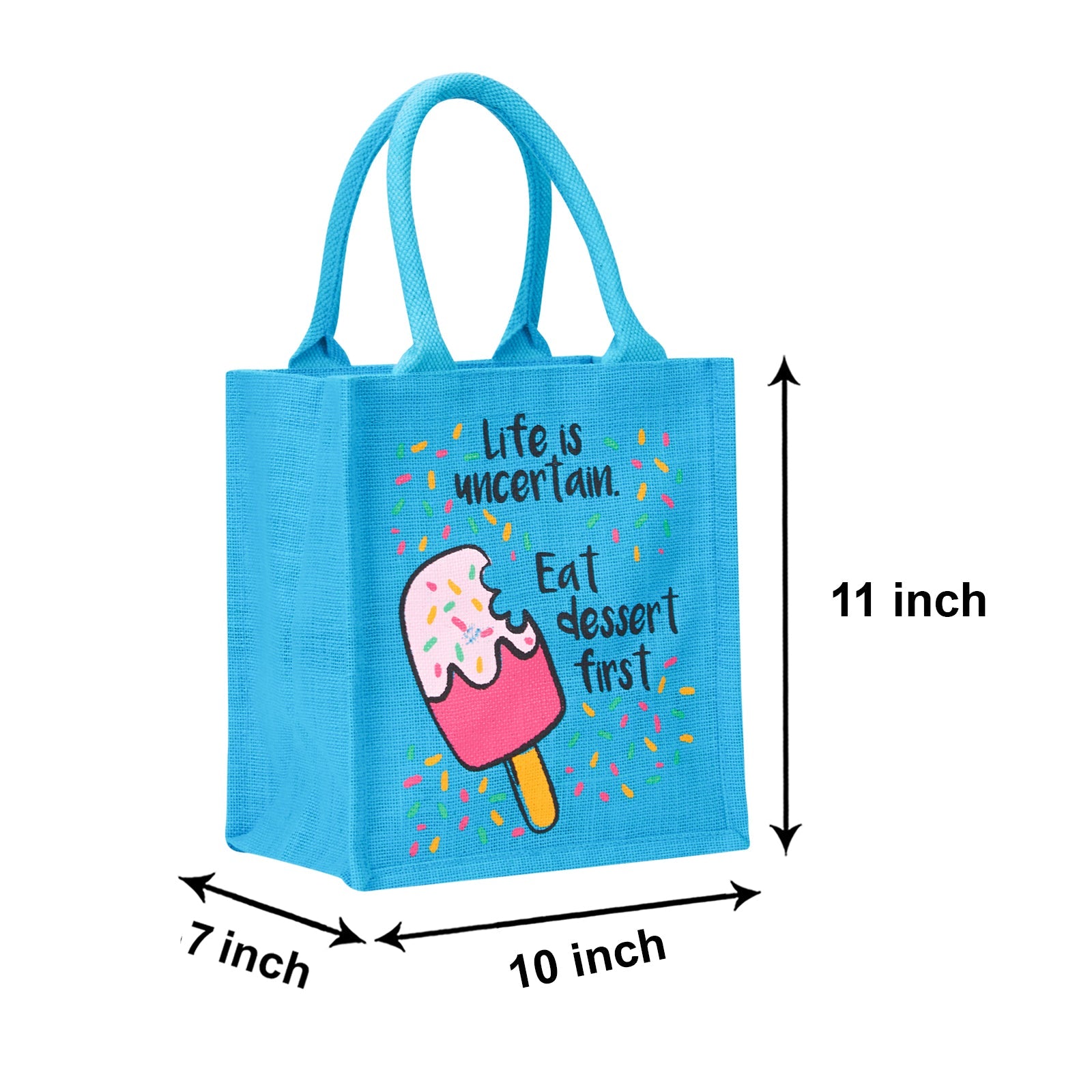 JUTE COTTAGE LIFE DESSERT PRINT ZIPPER LUNCH BAG, SUSTAINABLE, ECO-FRIENDLY, 100% GENUINE JUTE, STYLISH (TURQUOISE BLUE 11X10X7)