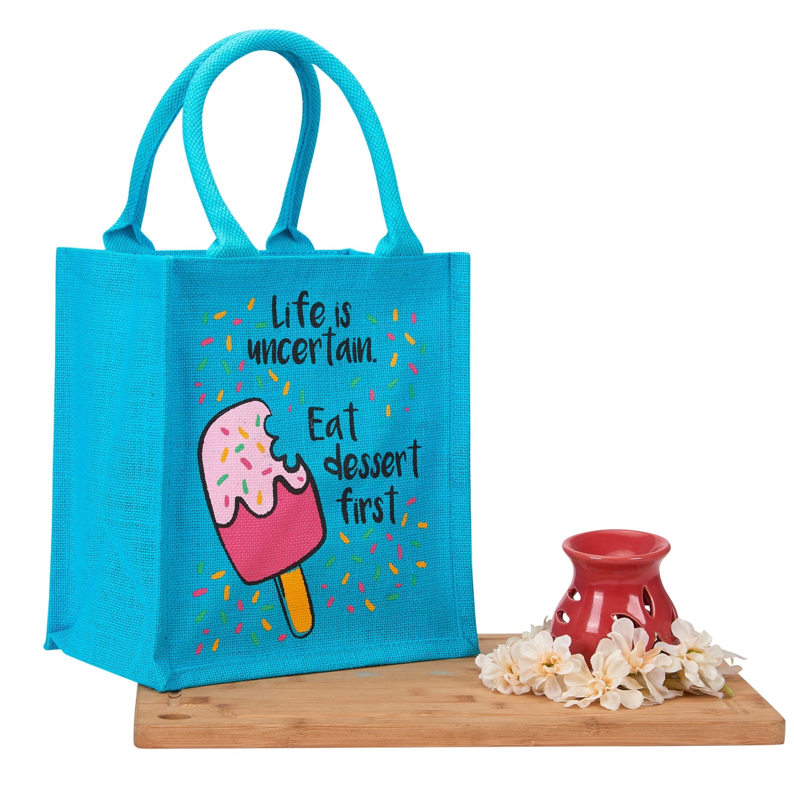 JUTE COTTAGE LIFE DESSERT PRINT ZIPPER LUNCH BAG, SUSTAINABLE, ECO-FRIENDLY, 100% GENUINE JUTE, STYLISH (TURQUOISE BLUE 11X10X7)