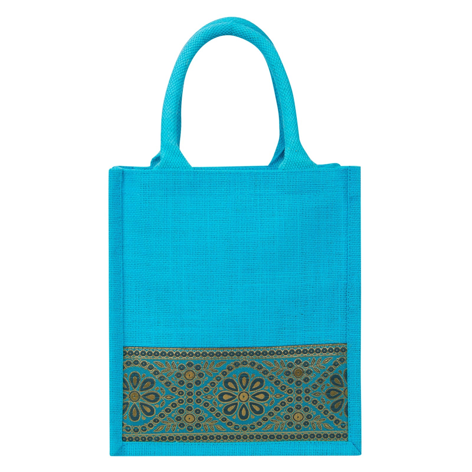 JUTE COTTAGE LACE ZIPPER LUNCH BAG, SUSTAINABLE, ECO-FRIENDLY, 100% GENUINE JUTE, STYLISH (TURQUOISE BLUE 11X10X7)