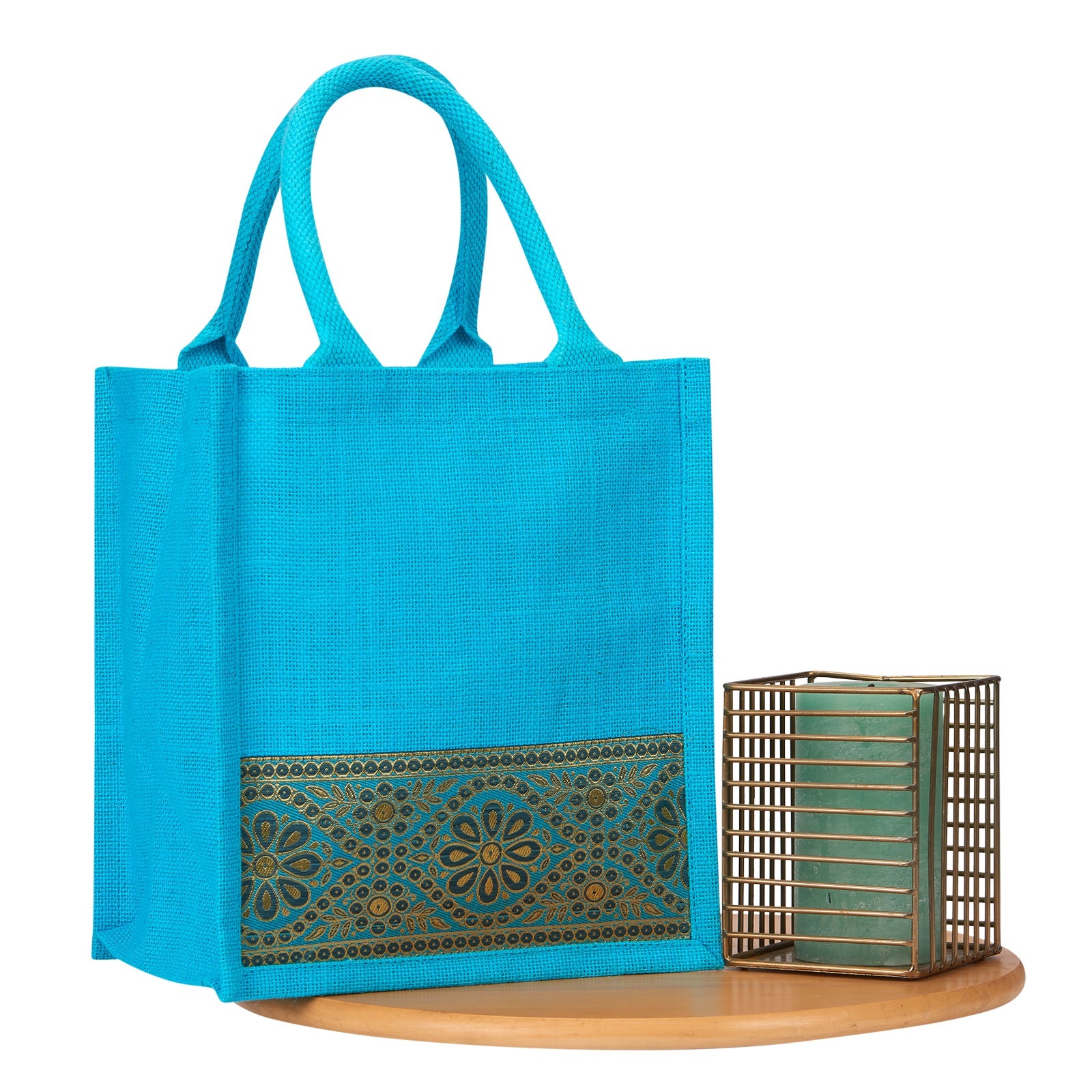 JUTE COTTAGE LACE ZIPPER LUNCH BAG, SUSTAINABLE, ECO-FRIENDLY, 100% GENUINE JUTE, STYLISH (TURQUOISE BLUE 11X10X7)