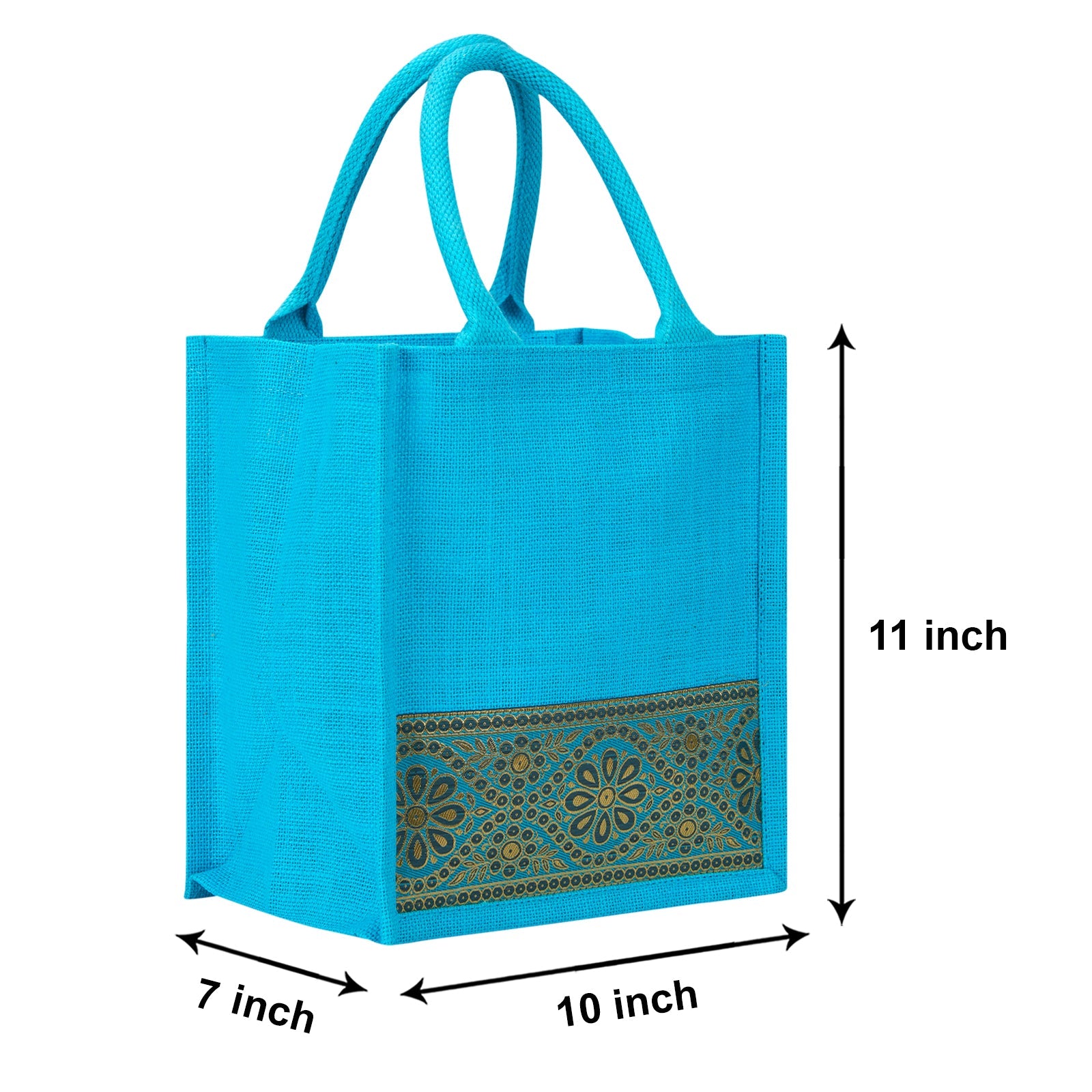 JUTE COTTAGE LACE ZIPPER LUNCH BAG, SUSTAINABLE, ECO-FRIENDLY, 100% GENUINE JUTE, STYLISH (TURQUOISE BLUE 11X10X7)