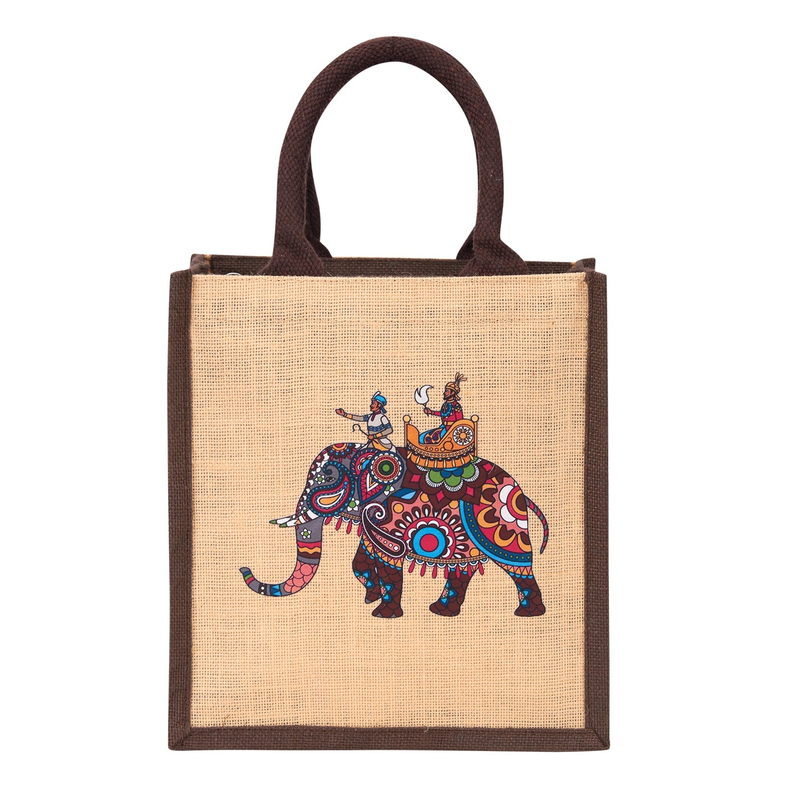 JUTE COTTAGE AMBARI ELEPHANT PRINT ZIPPER LUNCH BAG, SUSTAINABLE, ECO-FRIENDLY, 100% GENUINE, STYLISH JUTE BAG (CREAM/BROWN 11X10X7)
