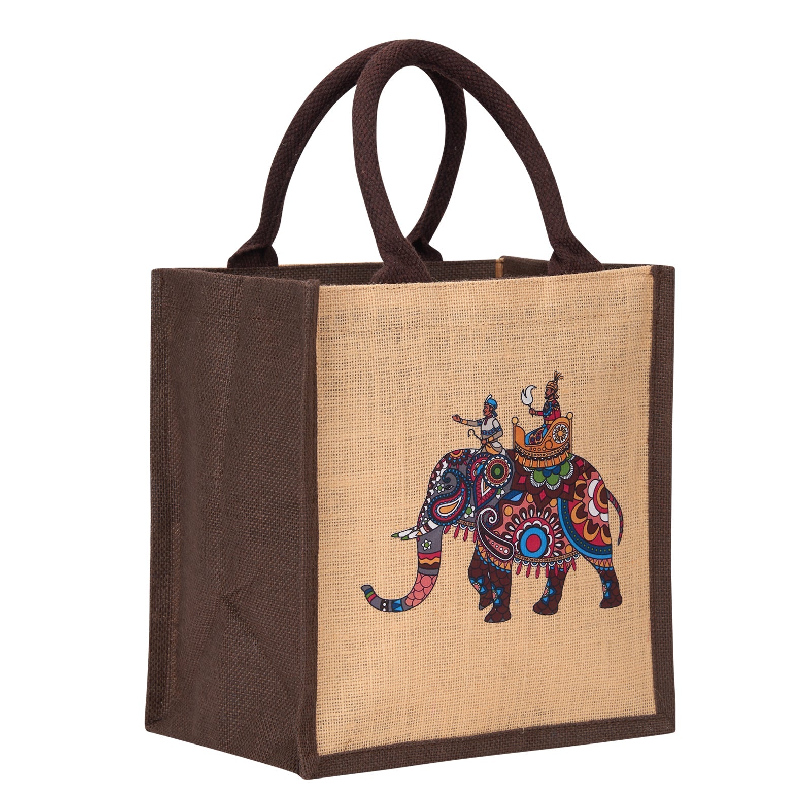 JUTE COTTAGE AMBARI ELEPHANT PRINT ZIPPER LUNCH BAG, SUSTAINABLE, ECO-FRIENDLY, 100% GENUINE, STYLISH JUTE BAG (YELLOW/BROWN 11X10X7)