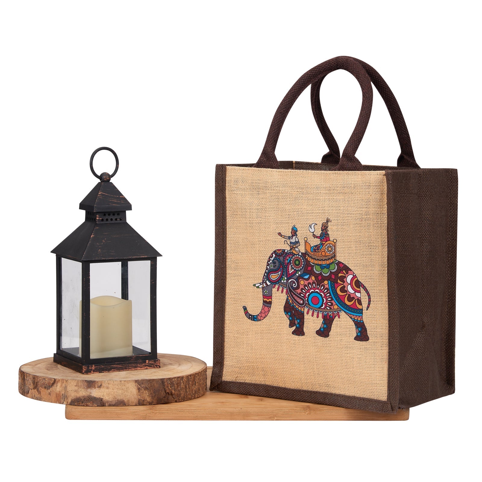 JUTE COTTAGE AMBARI ELEPHANT PRINT ZIPPER LUNCH BAG, SUSTAINABLE, ECO-FRIENDLY, 100% GENUINE, STYLISH JUTE BAG (CREAM/BROWN 11X10X7)