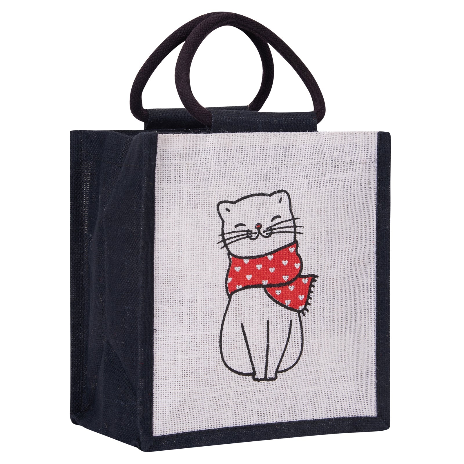 JUTE COTTAGE CAT PRINT ZIPPER LUNCH BAG, SUSTAINABLE, ECO-FRIENDLY, 100% GENUINE JUTE, STYLISH (RED 11X10X7)