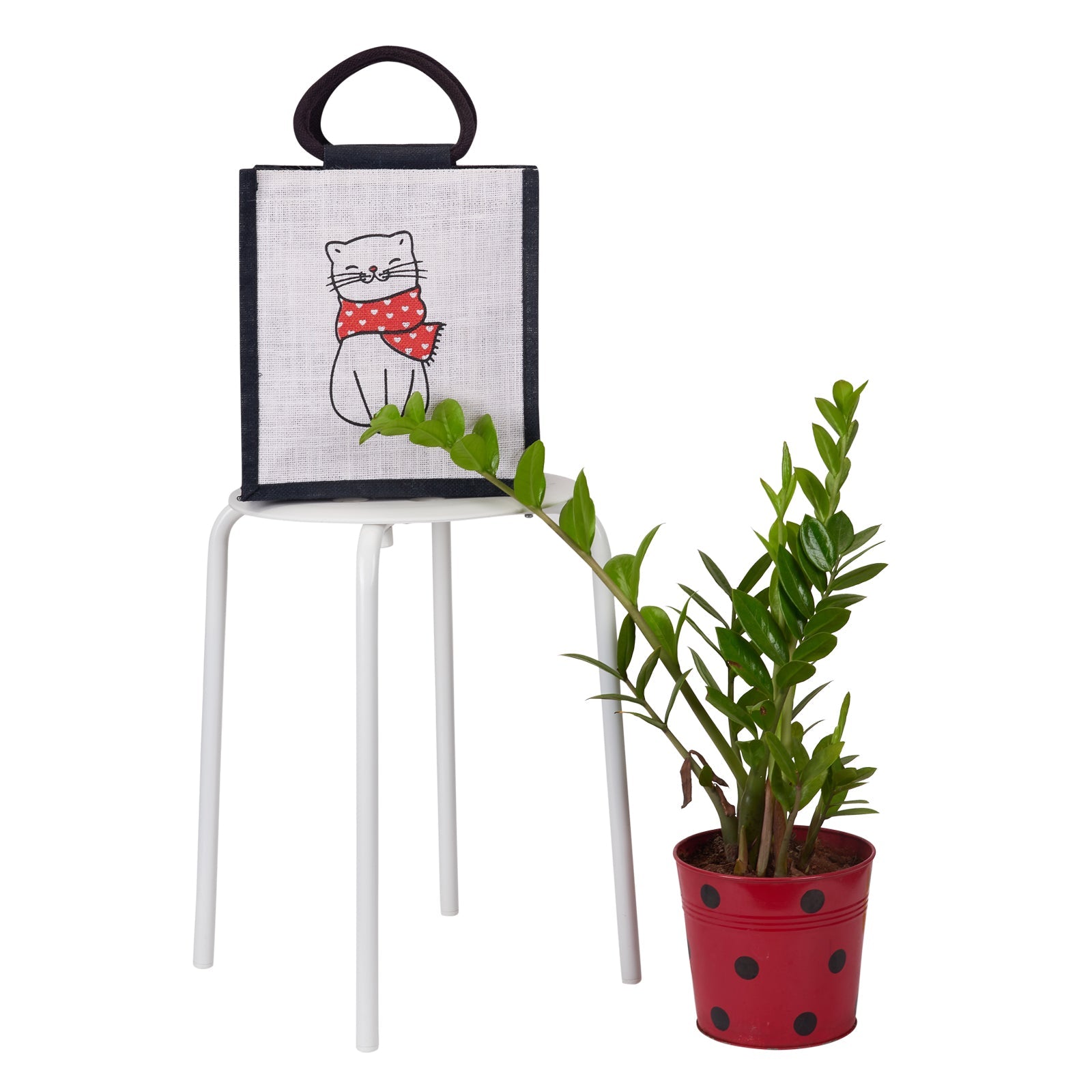 JUTE COTTAGE CAT PRINT ZIPPER LUNCH BAG, SUSTAINABLE, ECO-FRIENDLY, 100% GENUINE JUTE, STYLISH (BLACK 11X10X7)