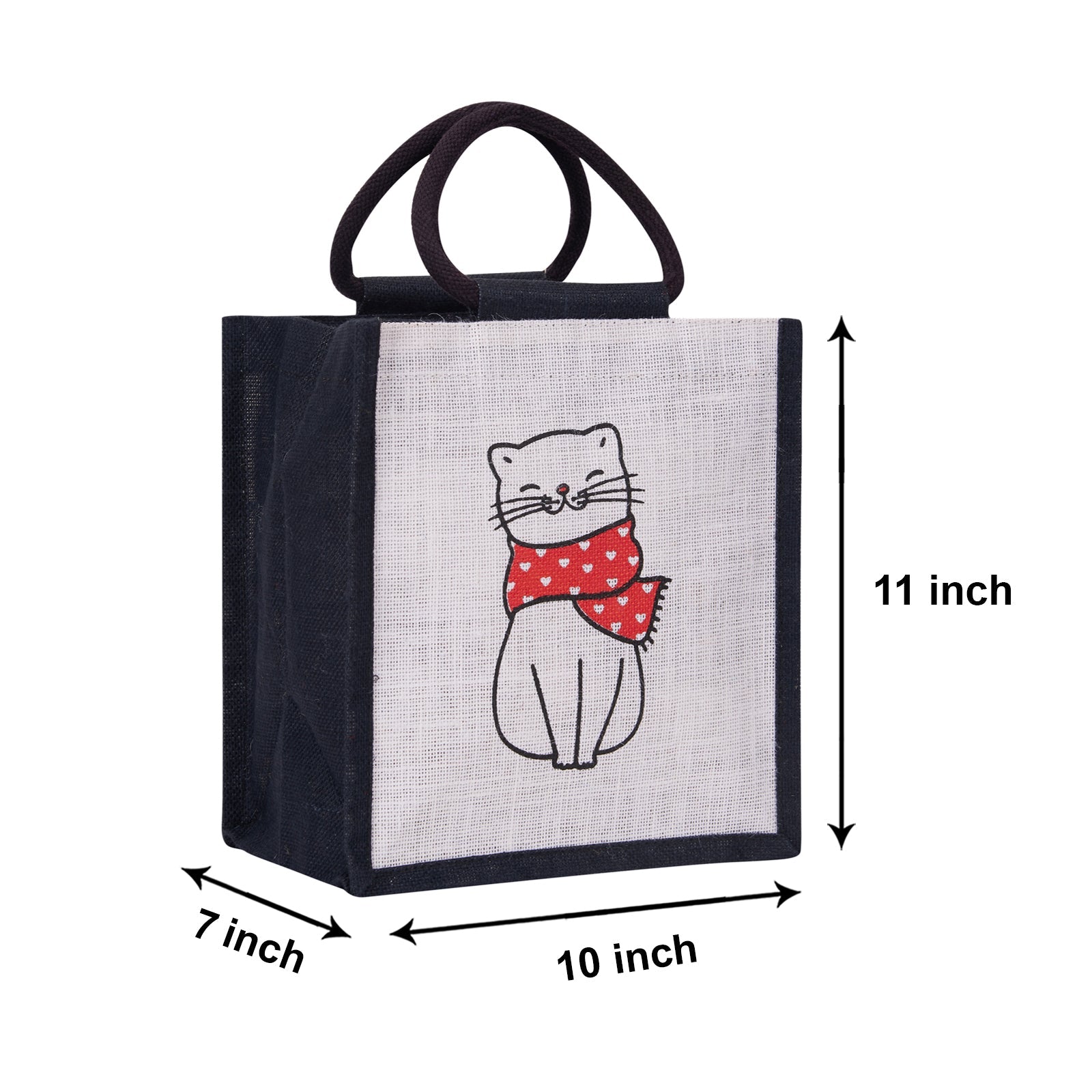 JUTE COTTAGE CAT PRINT ZIPPER LUNCH BAG, SUSTAINABLE, ECO-FRIENDLY, 100% GENUINE JUTE, STYLISH (BLACK 11X10X7)