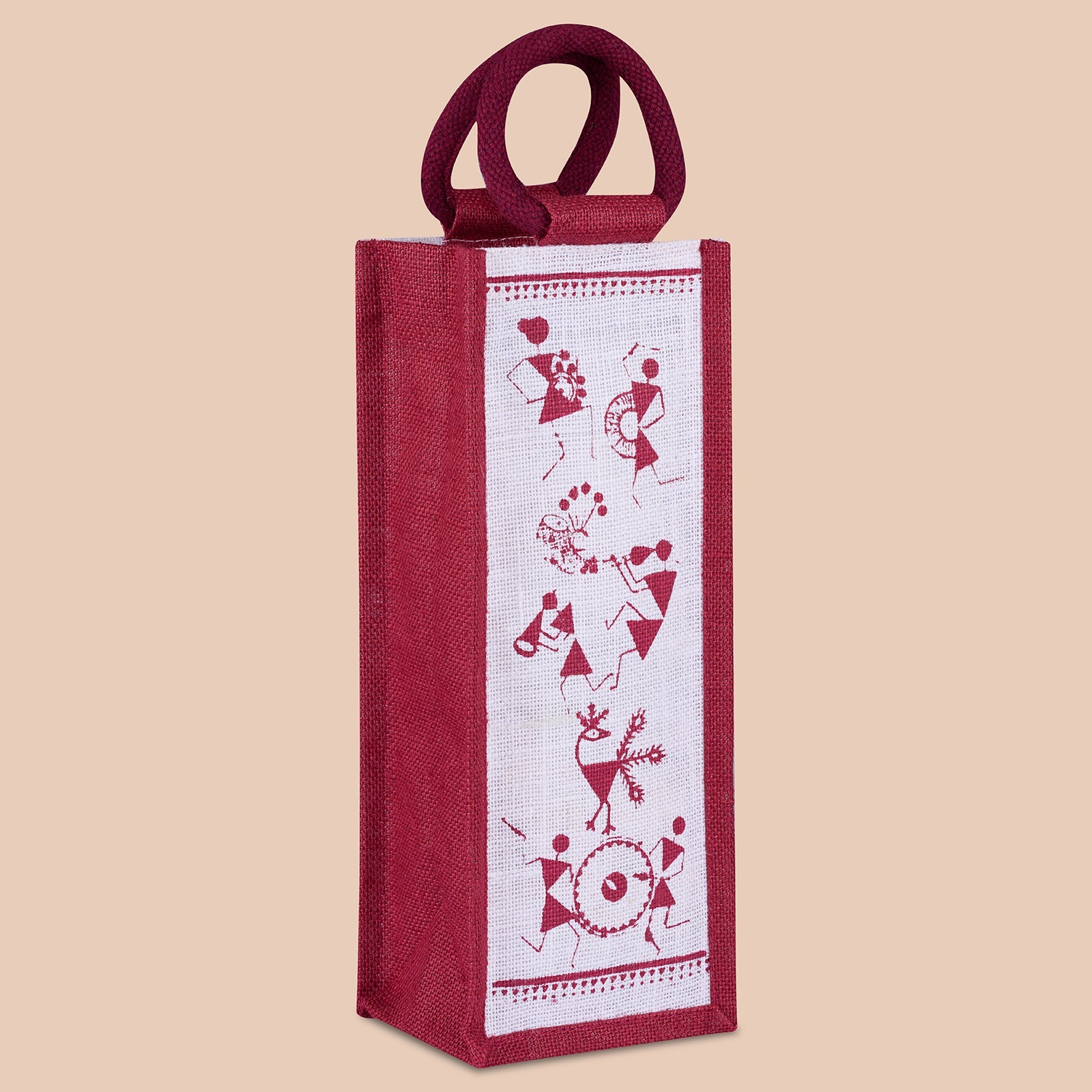 JUTE COTTAGE BOTTLE BAG WARLI PRINT, SUSTAINABLE, ECO-FRIENDLY, 100% GENUINE JUTE, STYLISH (NATURAL/BLACK 14X5X4.5)